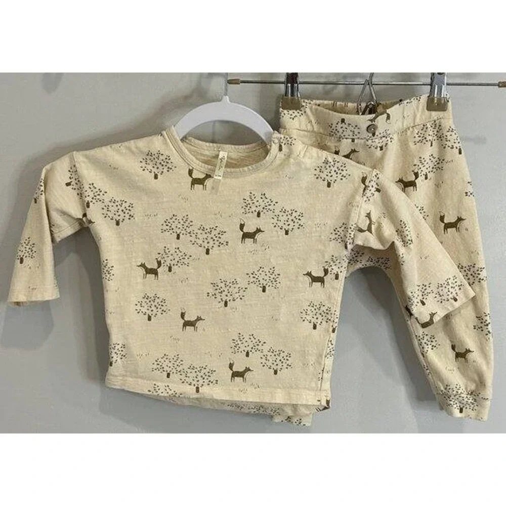 Rylee + Cru Organic Cotton Fox Tree Print 2pc Lounge Pajama Set Cream Tan 12-18